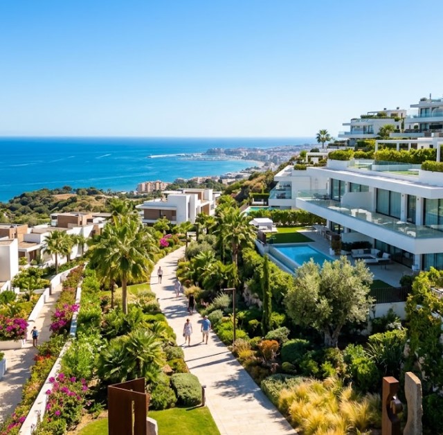 Vistas de las villas contemporáneas, jardines y urbanizaciones de lujo en El Higuerón, entre Fuengirola y Benalmádena, Málaga